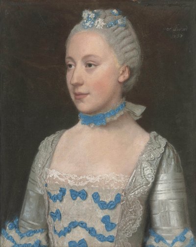 Retrato de Madame Saint-Pol, medio cuerpo, en un vestido azul claro adornado con lazos de seda azul y blanco en encaje de Jean Étienne Liotard